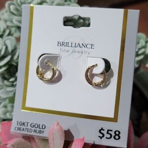 🔥SOLD🔥BRILLIANCE PIERCED EARRING 10k Created Ruby Huggie Hoop Yellow Gold